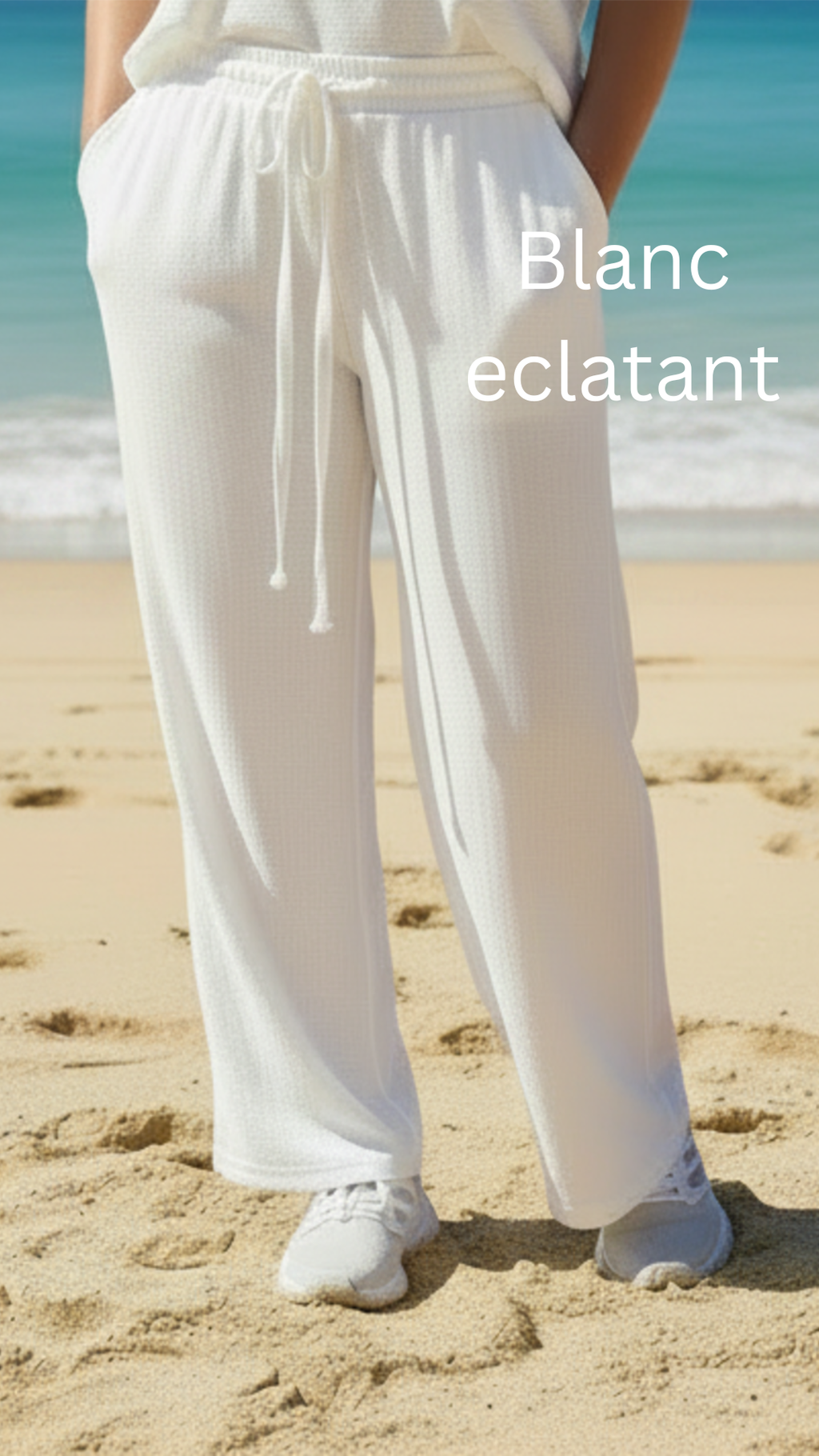 Pantalon large confort crêpe froissé uni