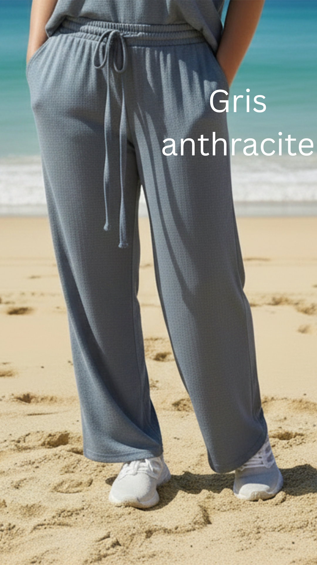 Pantalon large confort crêpe froissé uni