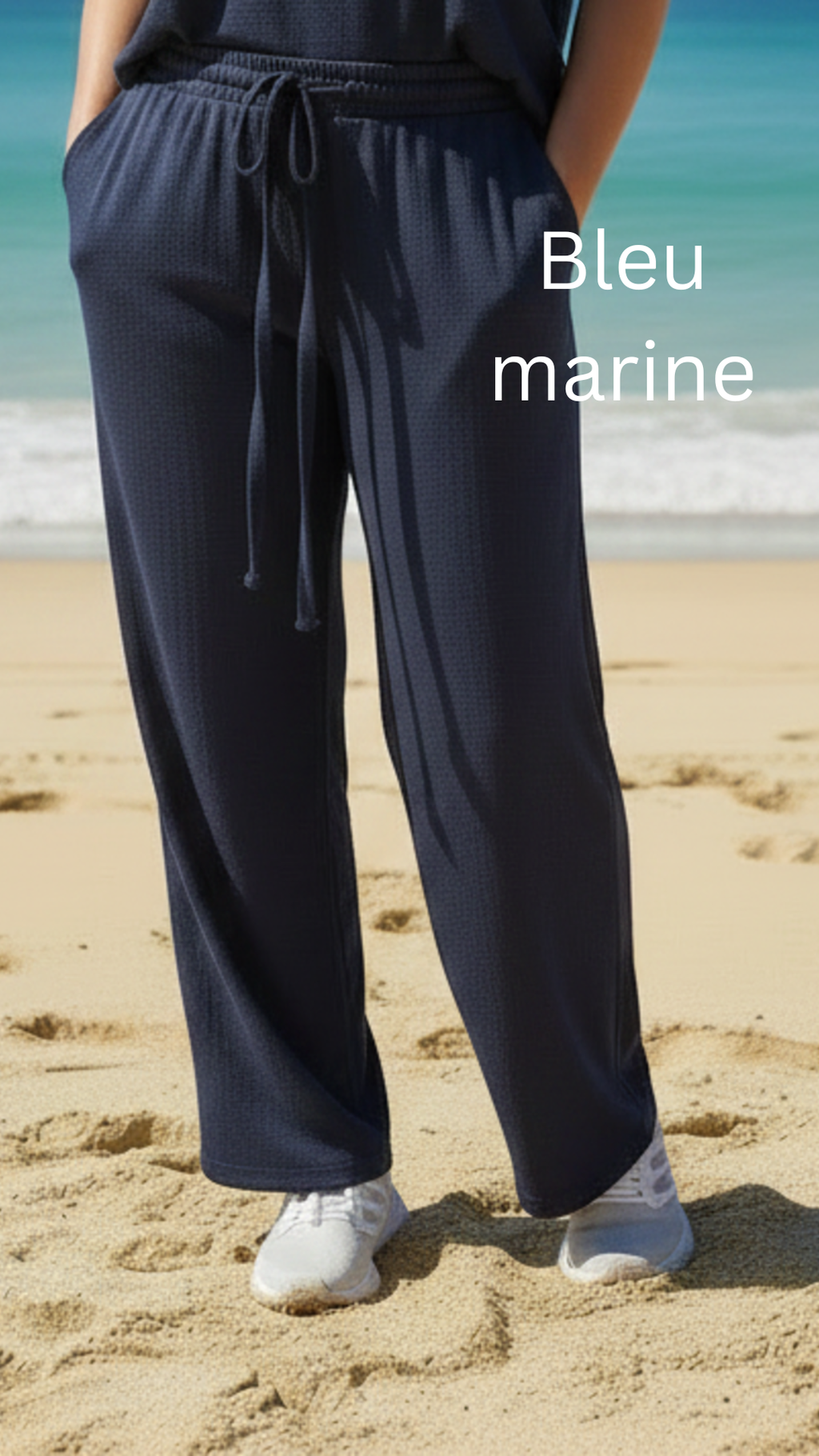 Pantalon large confort crêpe froissé uni