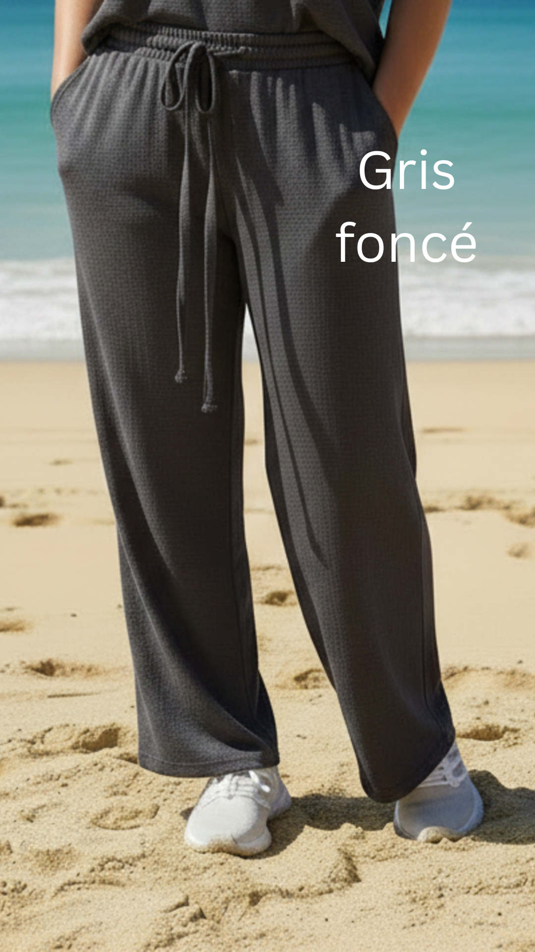 Pantalon large confort crêpe froissé uni