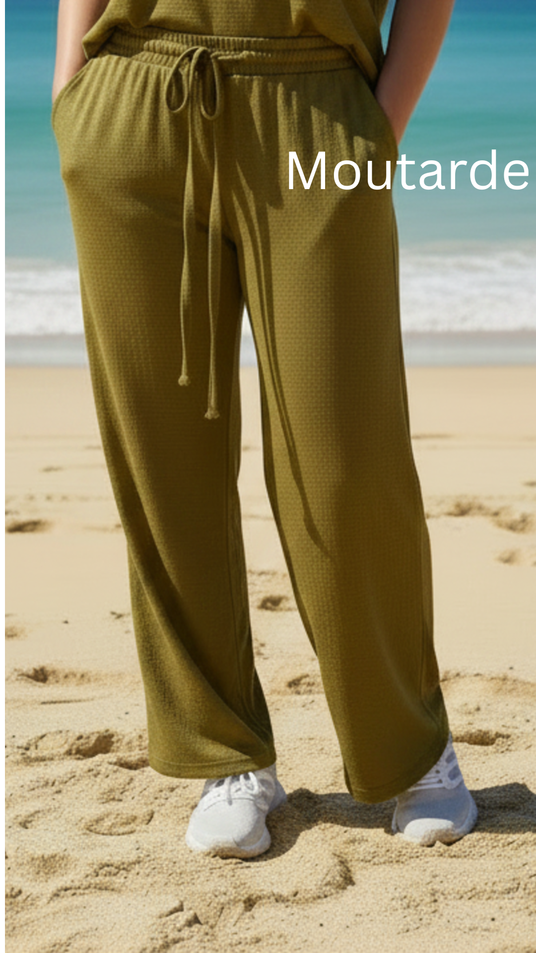 Pantalon large confort crêpe froissé uni