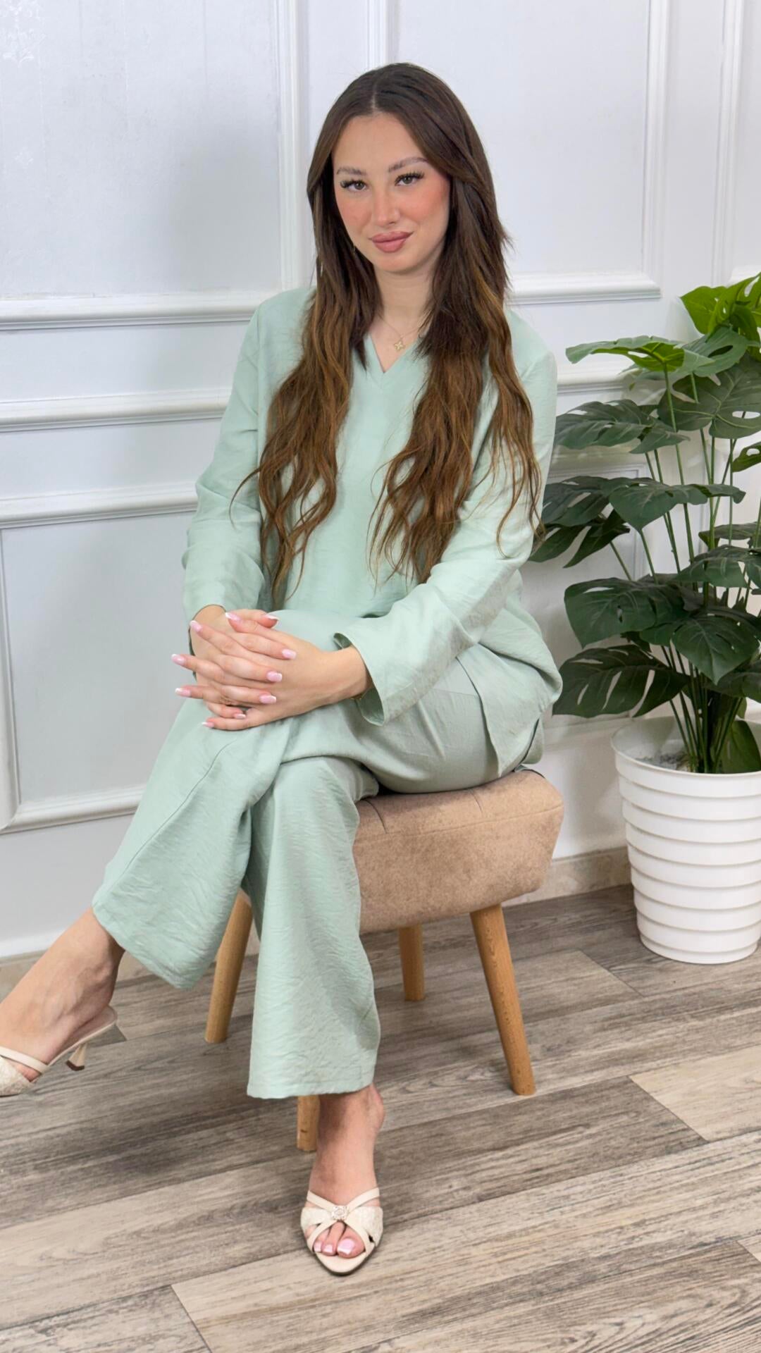 طقم لينان أوفرسايز – تونيك وبنطلون واسع | Ensemble Lin Oversize Col V